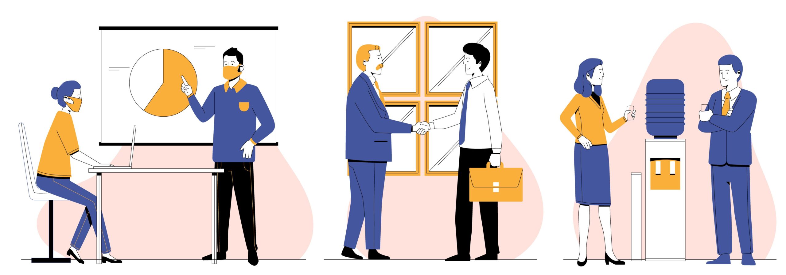 businessperson illustration showing different work day scenarios